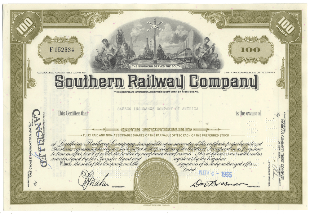 Southern Railway Company stock certificate with scenic illustration
