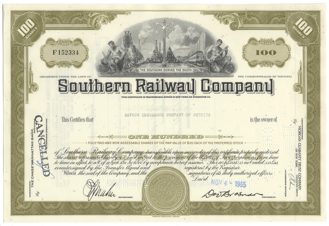 Southern Railway Company stock certificate with scenic illustration