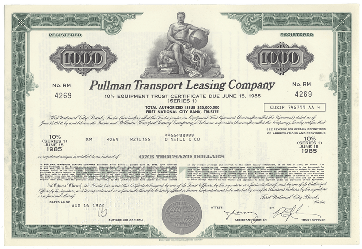 Pullman Transport Leasing Company Bond Certificate