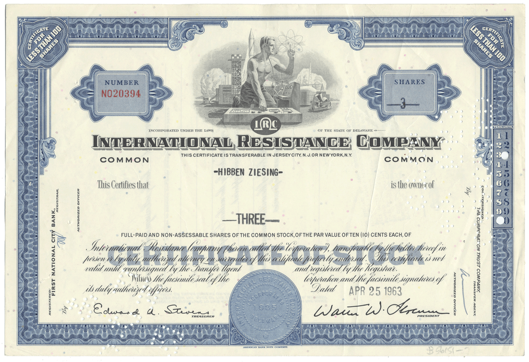 International Resistance Company Stock Certificate
