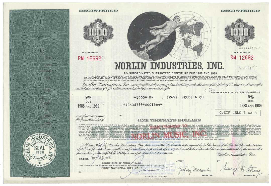 Norlin Industries, Inc. Bond Certificate