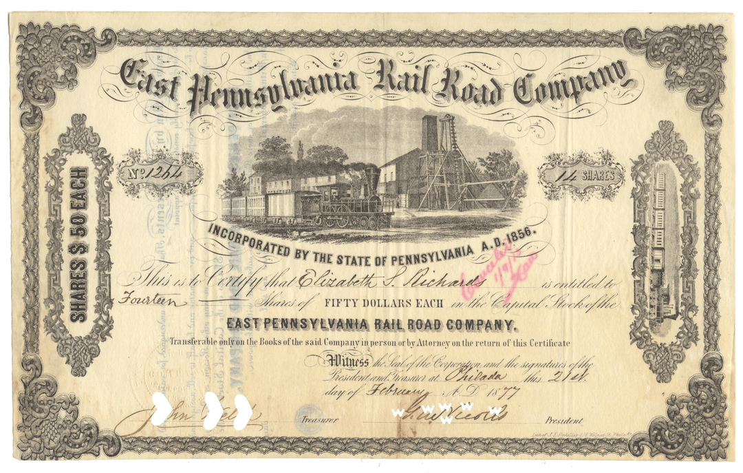 Historical stock certificate of the East Pennsylvania Rail Road Company