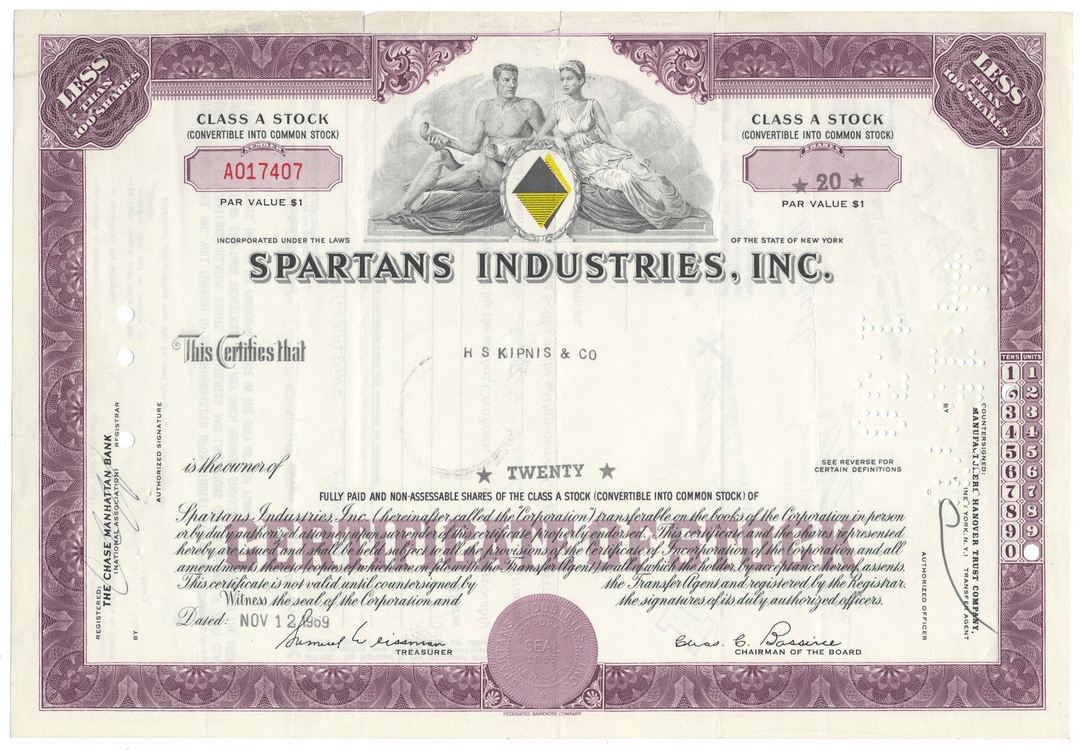 Spartans Industries, Inc. stock certificate with purple border and central design.