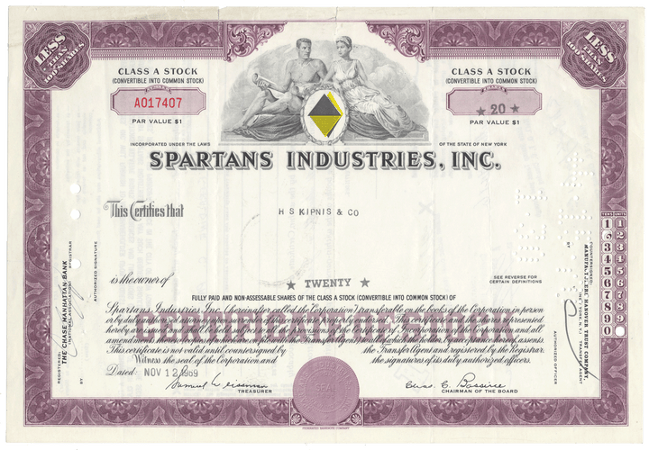 Spartans Industries, Inc. stock certificate with purple border and central design.