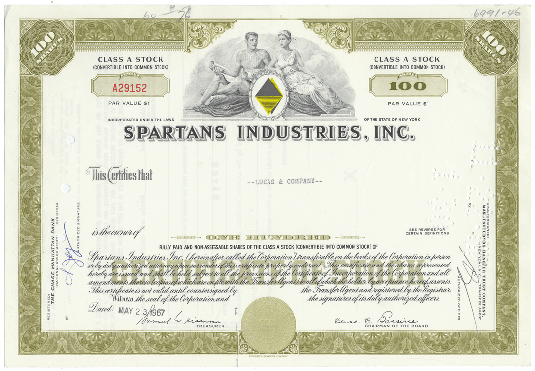 Spartans Industries, Inc. stock certificate with classical design elements.