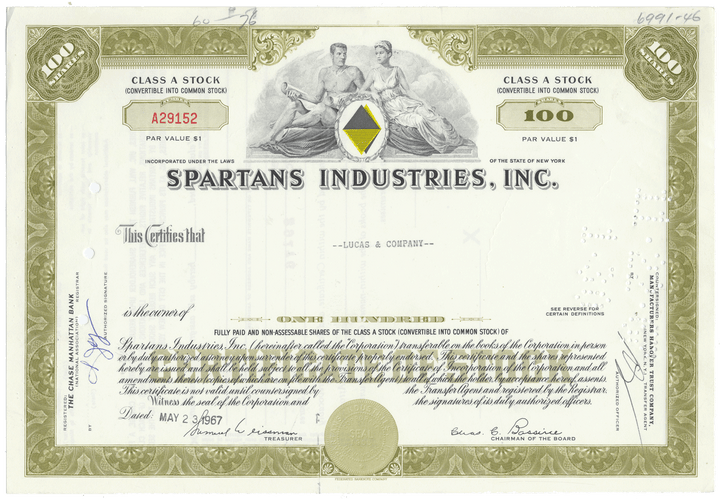 Spartans Industries, Inc. stock certificate with classical design elements.