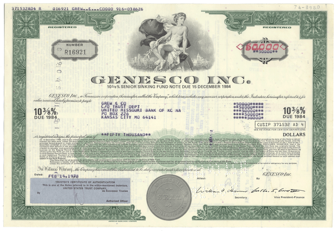 Vintage bond certificate from Genesco Inc. with decorative elements and text.