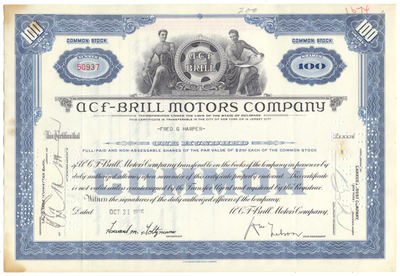ACF-Brill Motors Company Stock Certificate