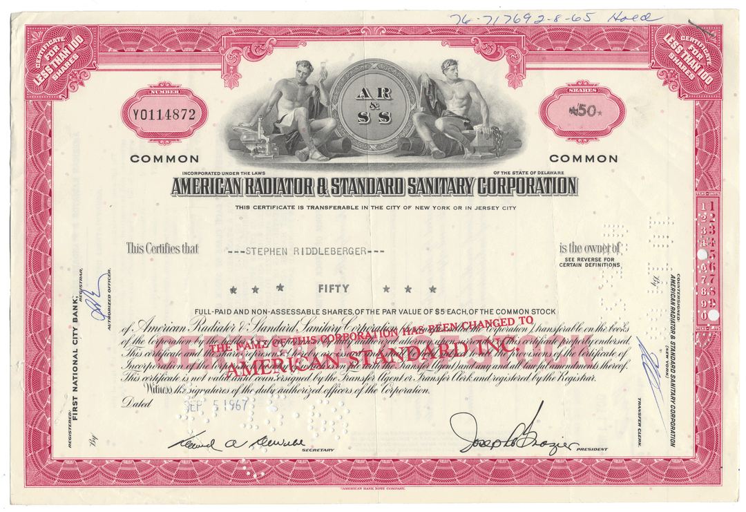 American Radiator & Standard Sanitary Corporation Stock Certificate