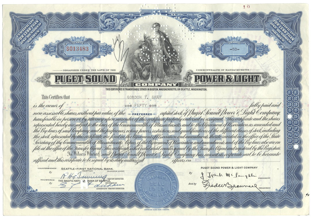 Puget Sound Power & Light Company stock certificate with decorative elements and text.