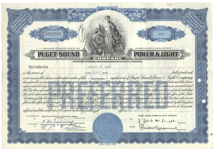 Puget Sound Power & Light Company stock certificate with decorative elements and text.