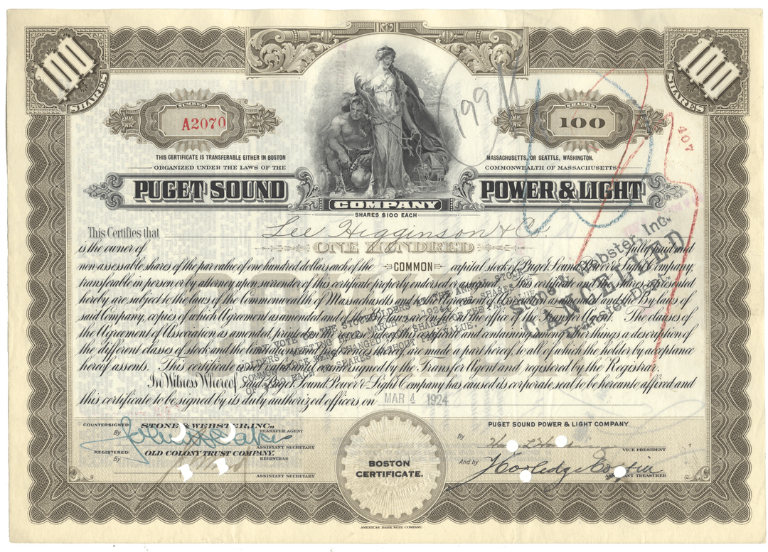 Vintage stock certificate for Puget Sound Power & Light Company with detailed text and graphics.