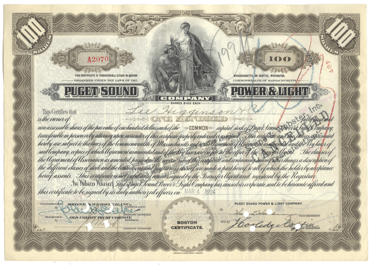 Vintage stock certificate for Puget Sound Power & Light Company with detailed text and graphics.