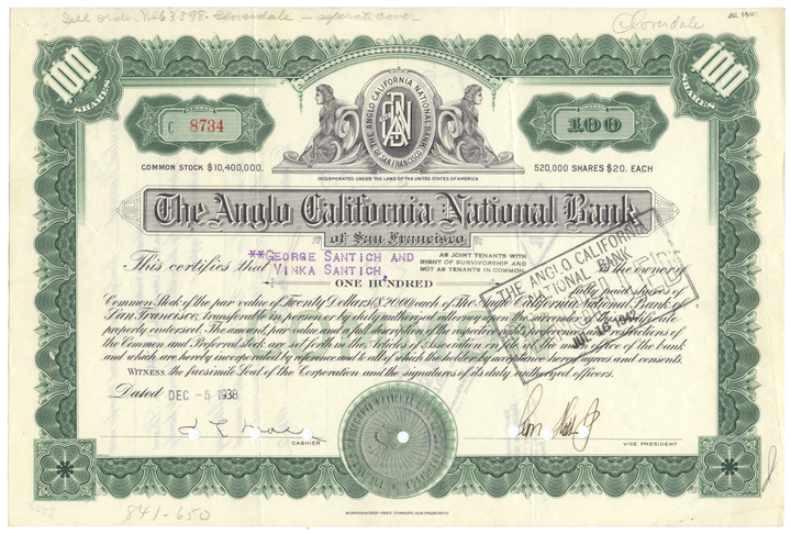 Anglo California National Bank of San Francisco Stock Certificate