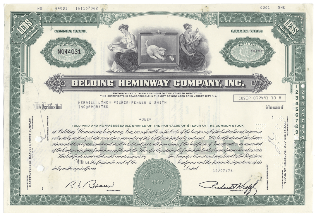 Vintage stock certificate of Belding Heminway Company, Inc. with decorative elements and text.