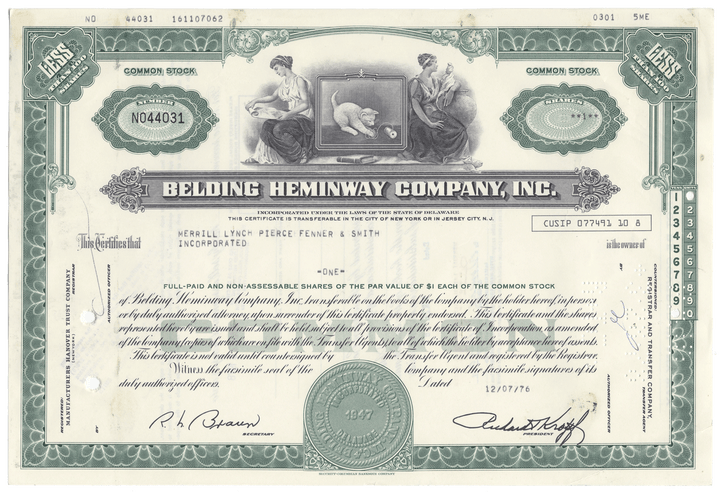 Vintage stock certificate of Belding Heminway Company, Inc. with decorative elements and text.