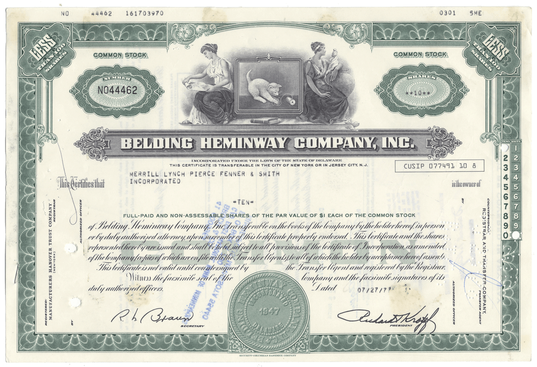 Vintage stock certificate of Belding Heminway Company, Inc. with decorative elements and text.