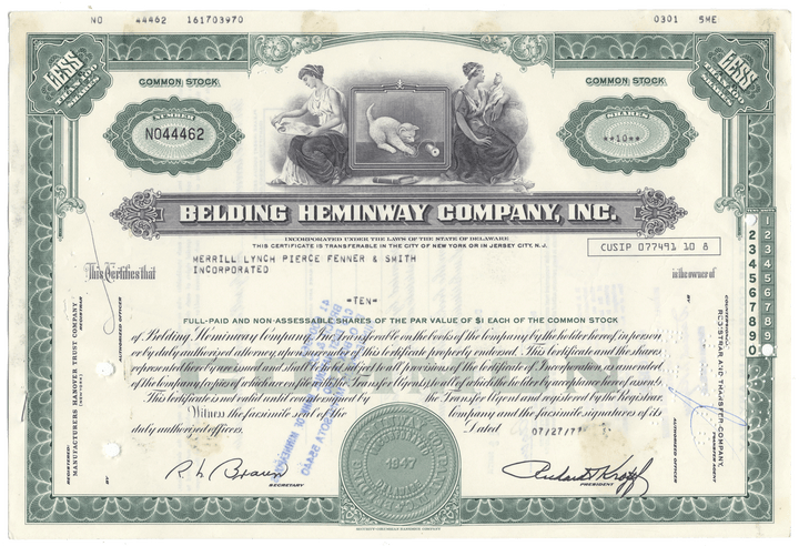 Vintage stock certificate of Belding Heminway Company, Inc. with decorative elements and text.