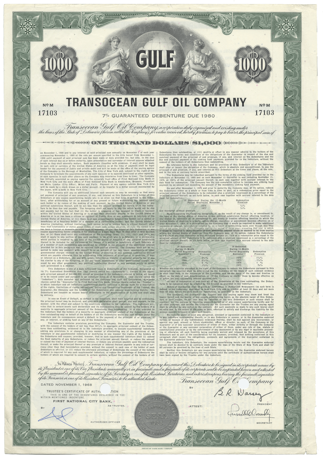 Transocean Gulf Oil Company Bond Certificate