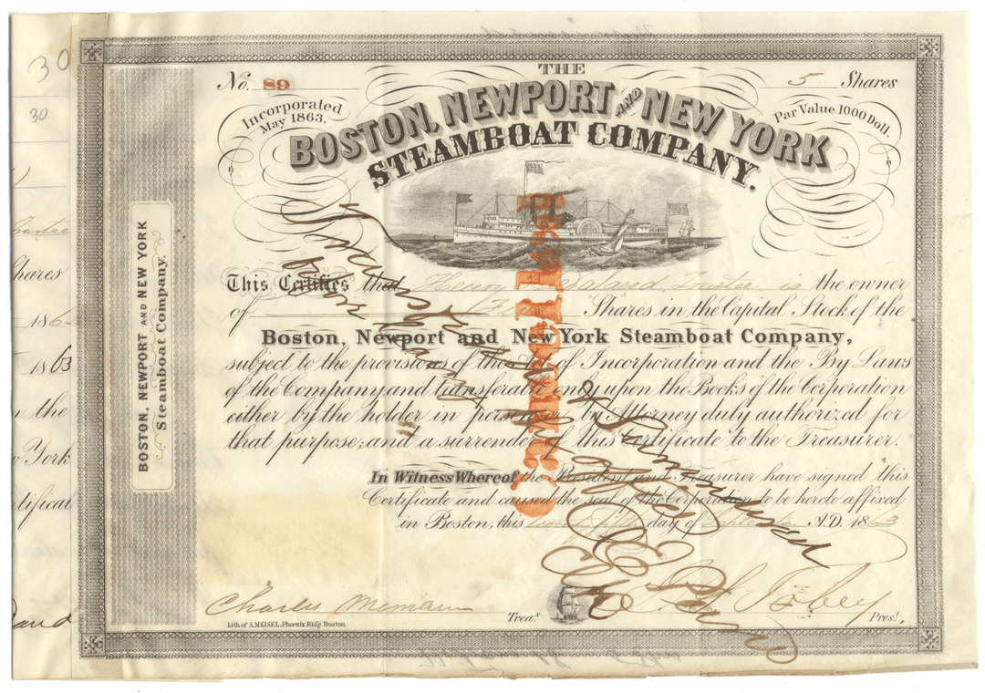 Boston, Newport and New York Steamboat Company Stock Certificate