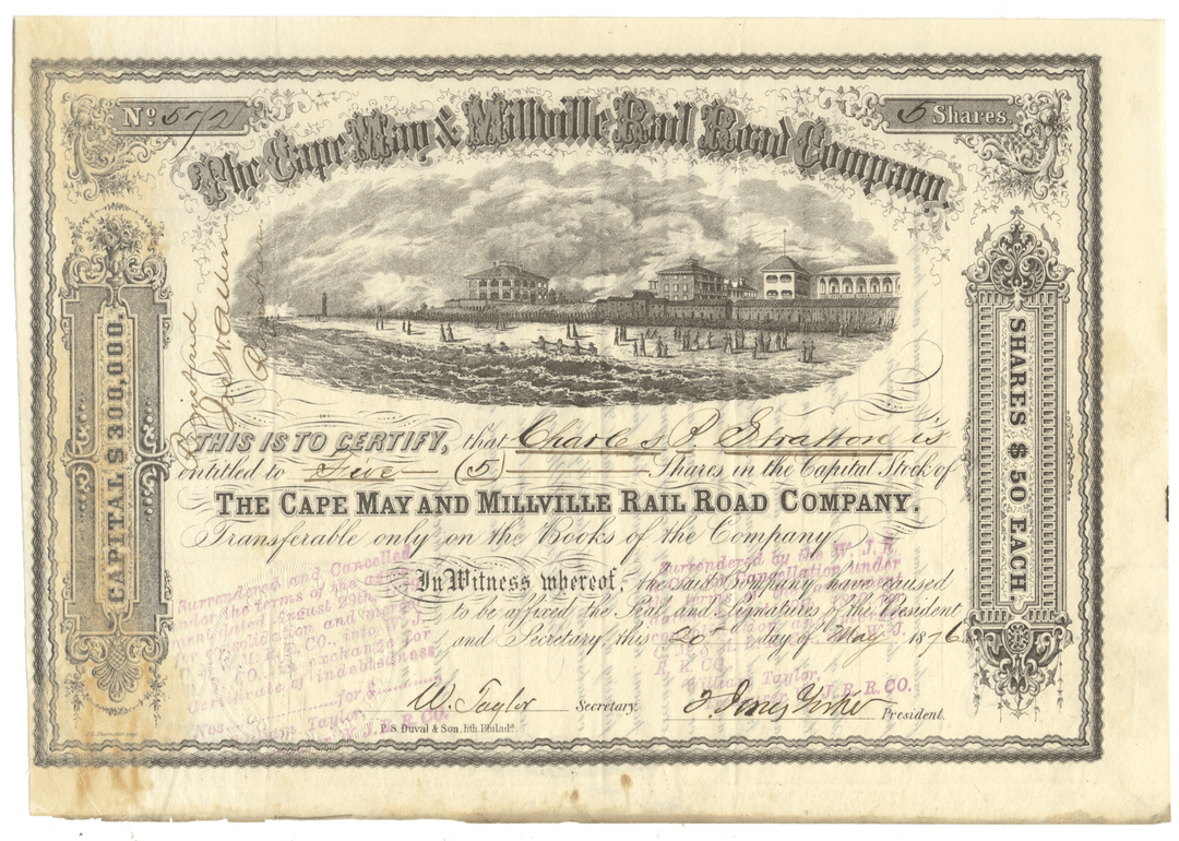 Vintage stock certificate for the Cape May and Millville Rail Road Company with scenic illustration.