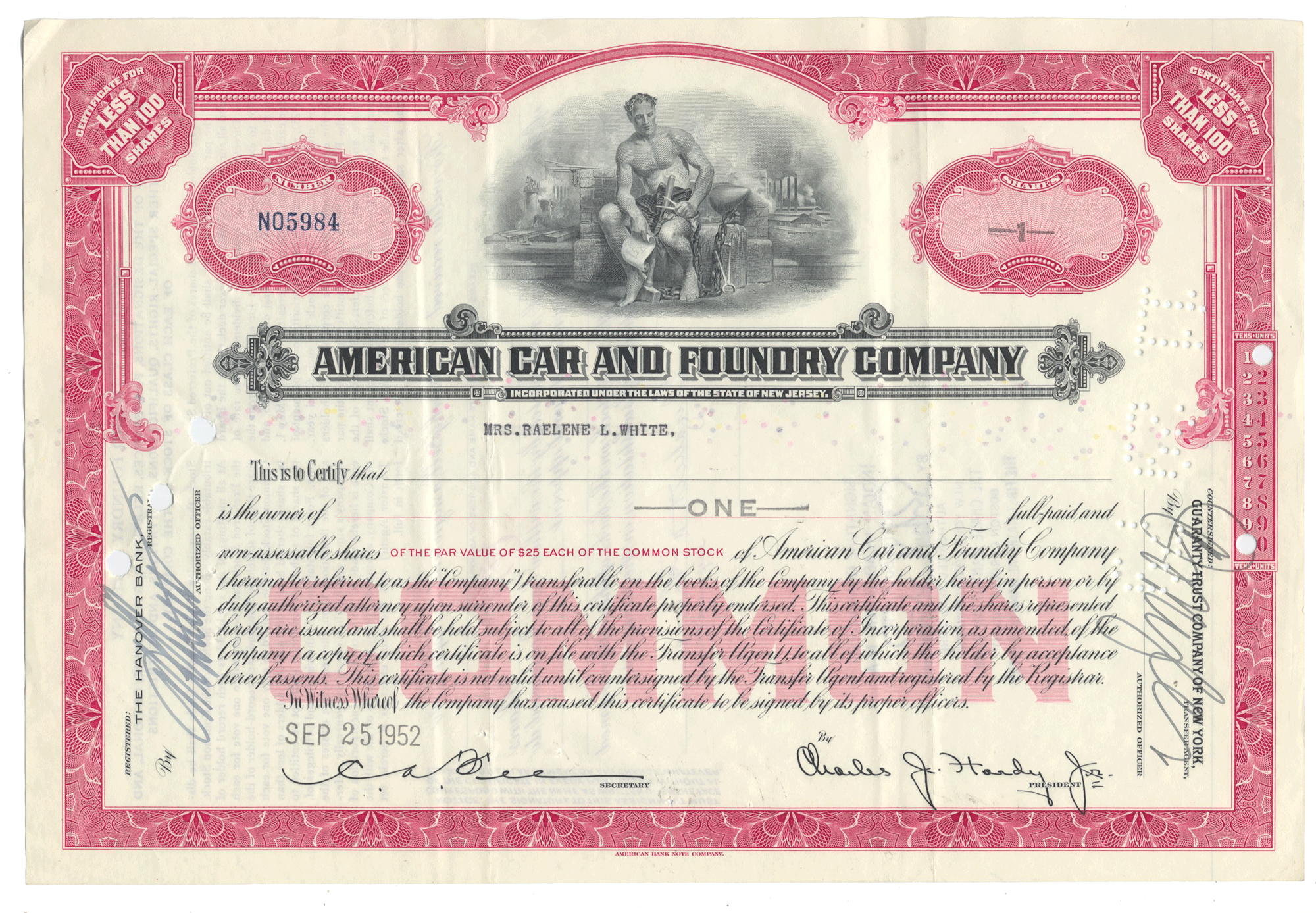 Vintage stock certificate of the American Car and Foundry Company with central illustration.