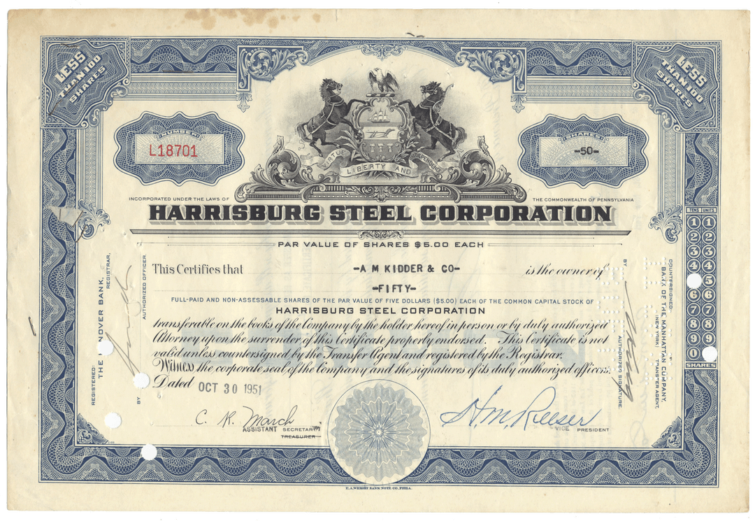 Harrisburg Steel Corporation stock certificate with decorative elements