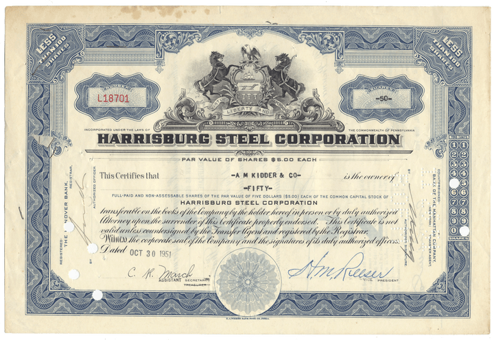 Harrisburg Steel Corporation stock certificate with decorative elements