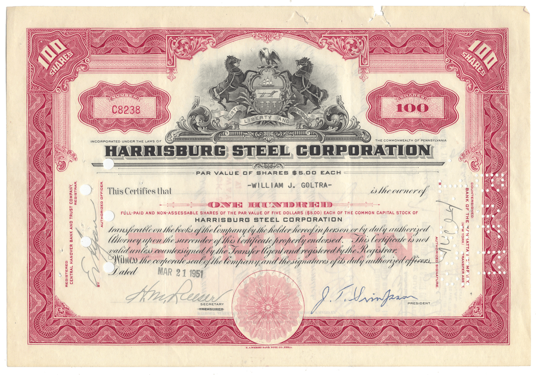 Harrisburg Steel Corporation stock certificate