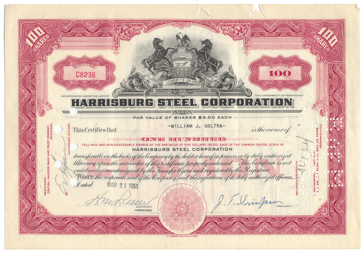Harrisburg Steel Corporation stock certificate