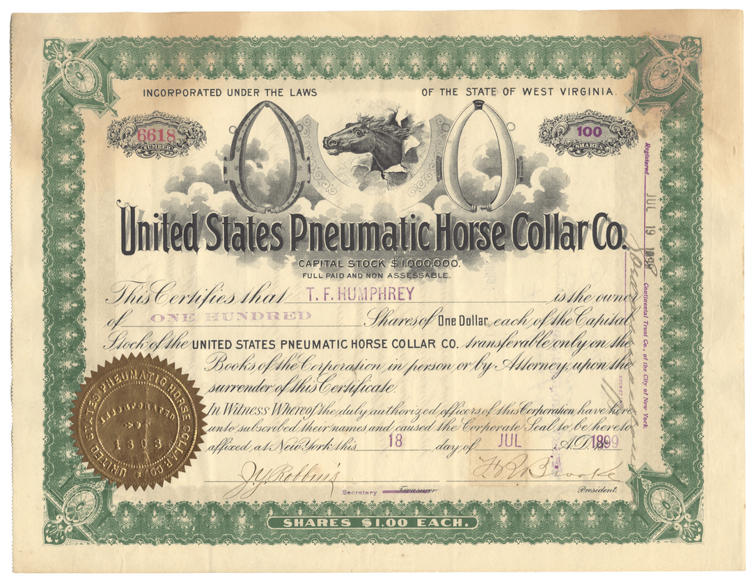 United States Pneumatic Horse Collar Co. stock certificate with decorative border and horse illustrations.