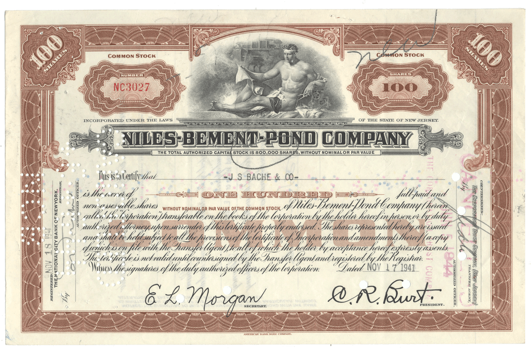 Vintage stock certificate for the Niles-Bement-Pond Company.