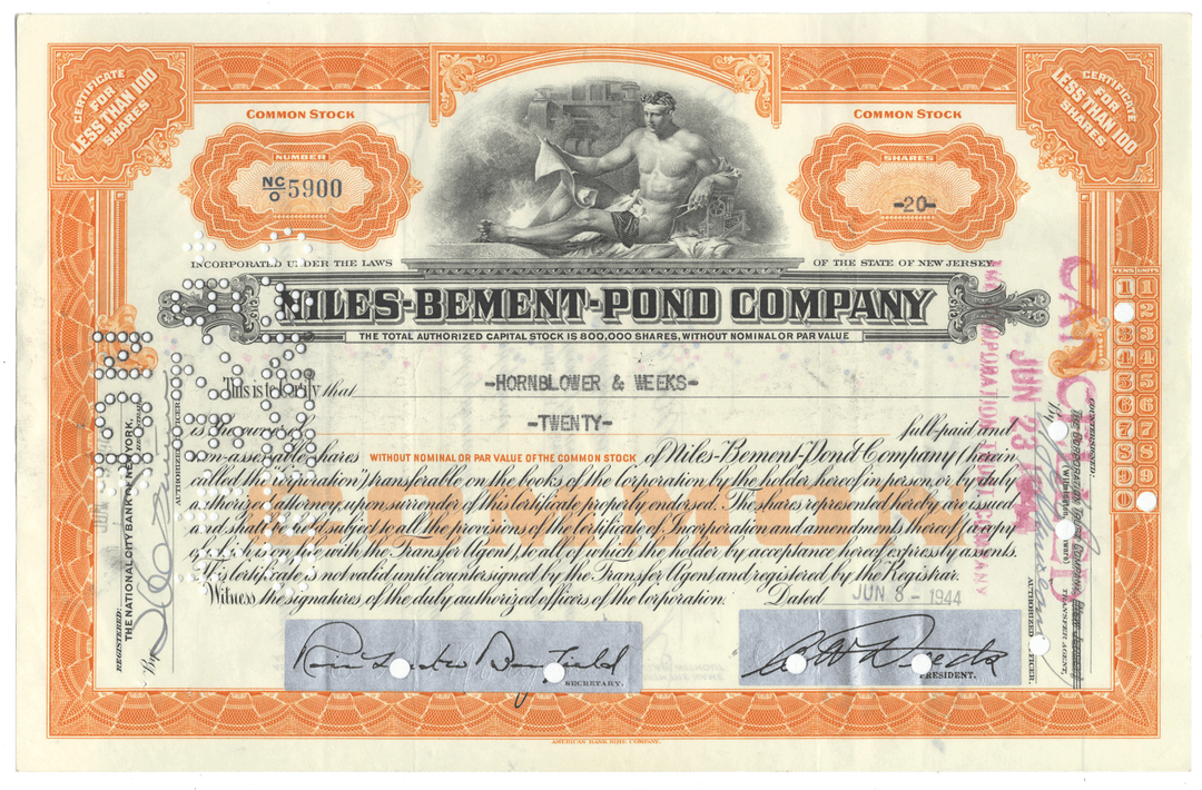 Vintage stock certificate for the Nlles-Bement-Pond Company.