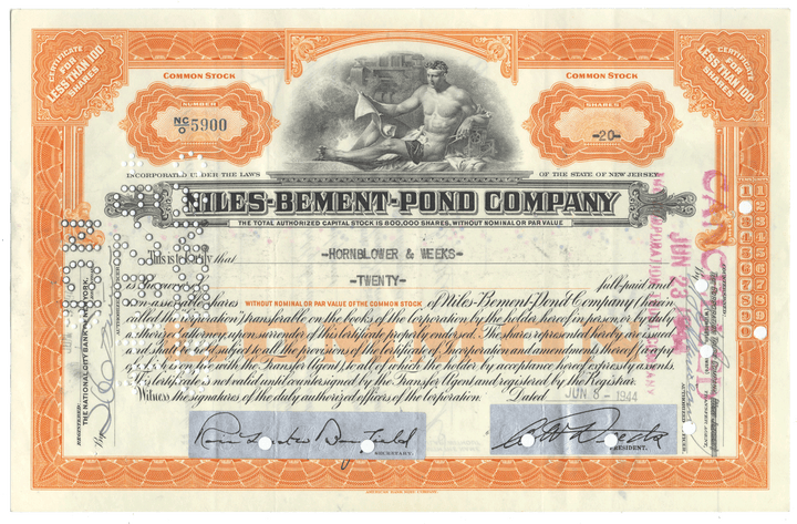Vintage stock certificate for the Nlles-Bement-Pond Company.