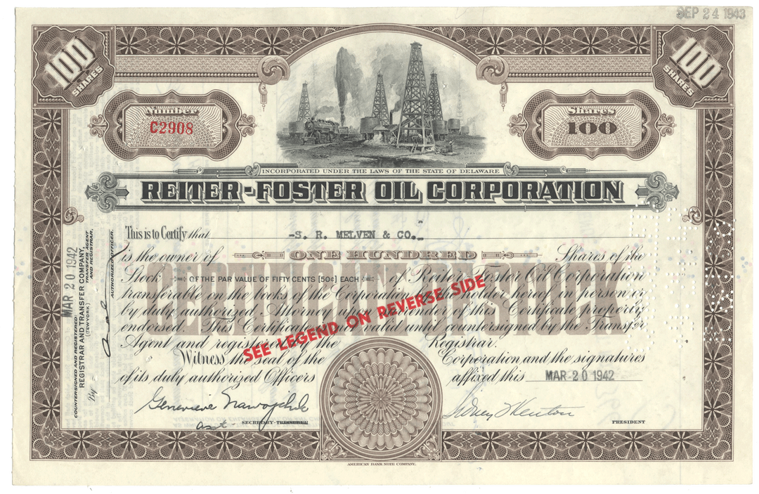 Reiter-Foster Oil Corporation Stock Certificate