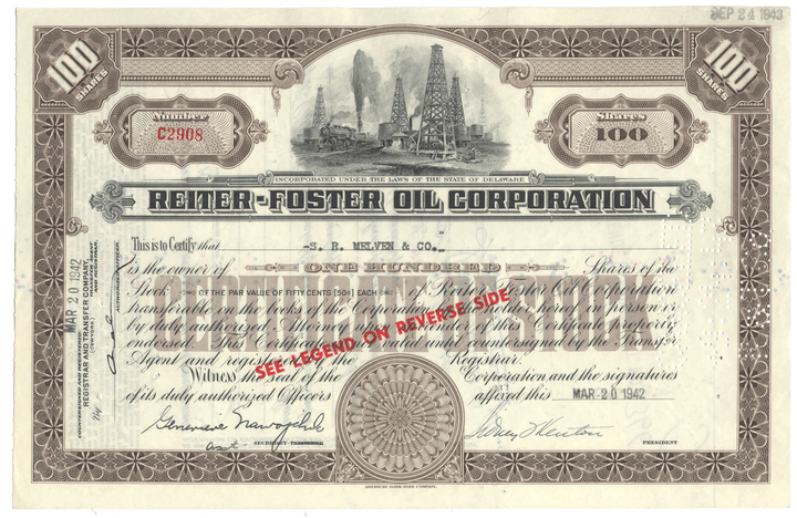 Reiter-Foster Oil Corporation Stock Certificate