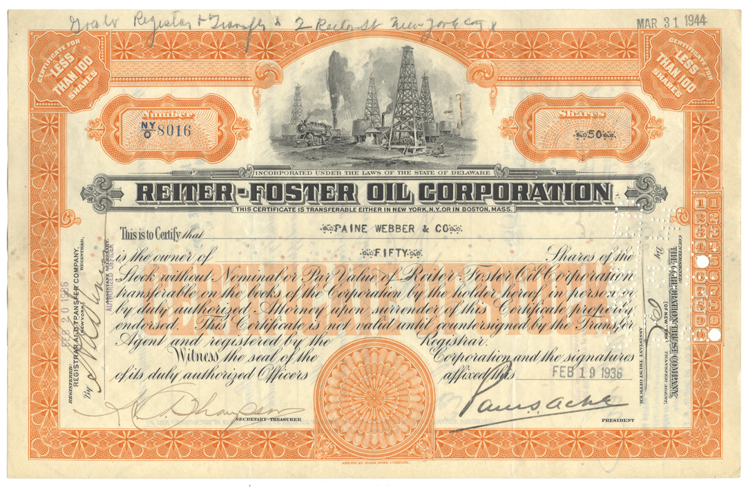 Reiter-Foster Oil Corporation Stock Certificate