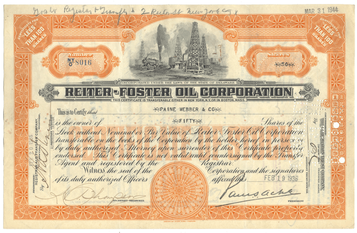 Reiter-Foster Oil Corporation Stock Certificate