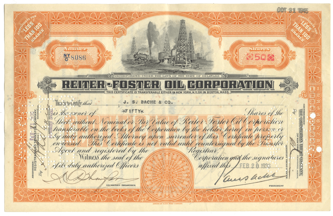 Reiter-Foster Oil Corporation Stock Certificate