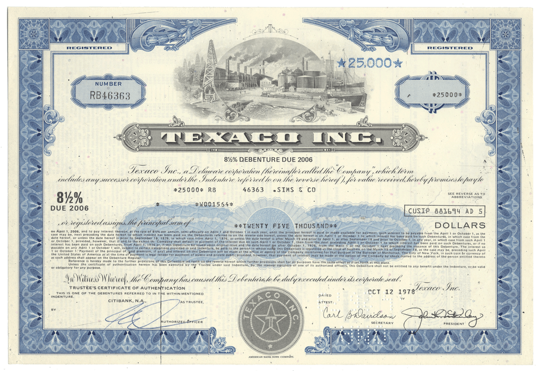 Vintage Texaco Inc. bond certificate with blue and white design