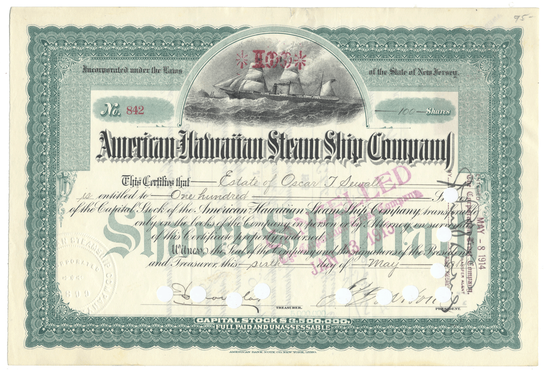 Vintage stock certificate from the American Hawaiian Steam Ship Company with ship illustration.