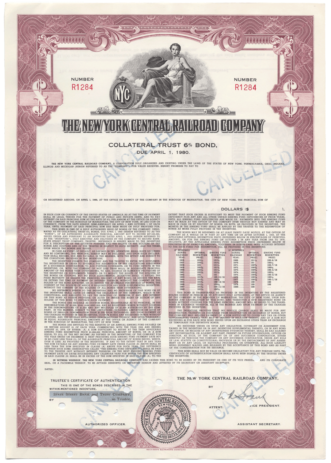 Collateral trust bond certificate from The New York Central Railroad Company with decorative border and text.