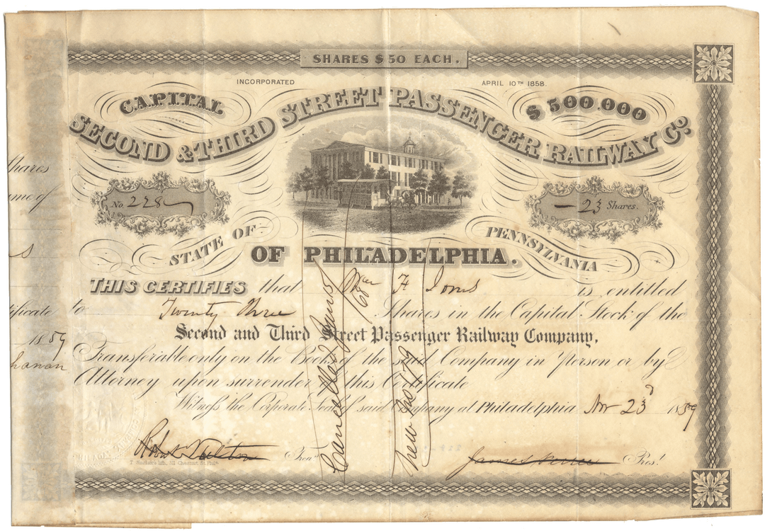 Vintage stock certificate for Second & Third Street Passenger Railway Company of Philadelphia