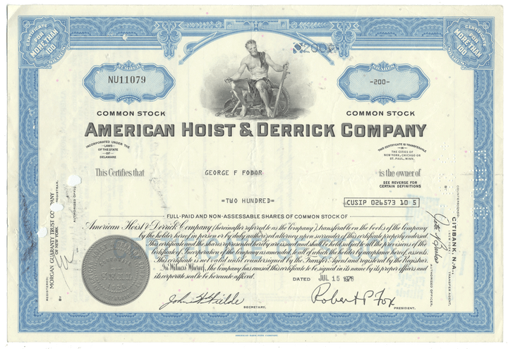 Vintage stock certificate of the American Hoist & Derrick Company with blue and white design.