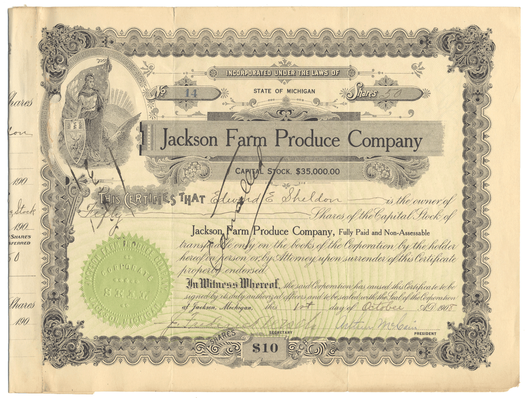 Vintage stock certificate for Jackson Farm Produce Company with decorative elements.