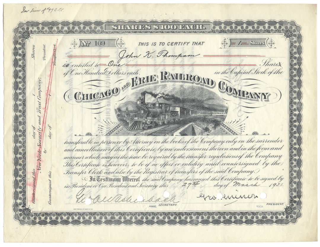 Share certificate of the Chicago and Erie Railroad Company with a steam locomotive illustration.