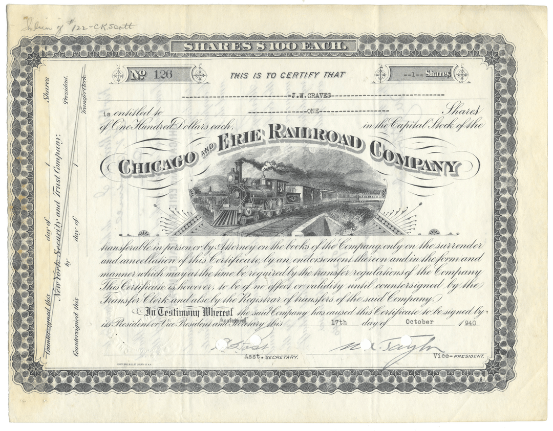 Share certificate of the Chicago and Erie Railroad Company with train illustration