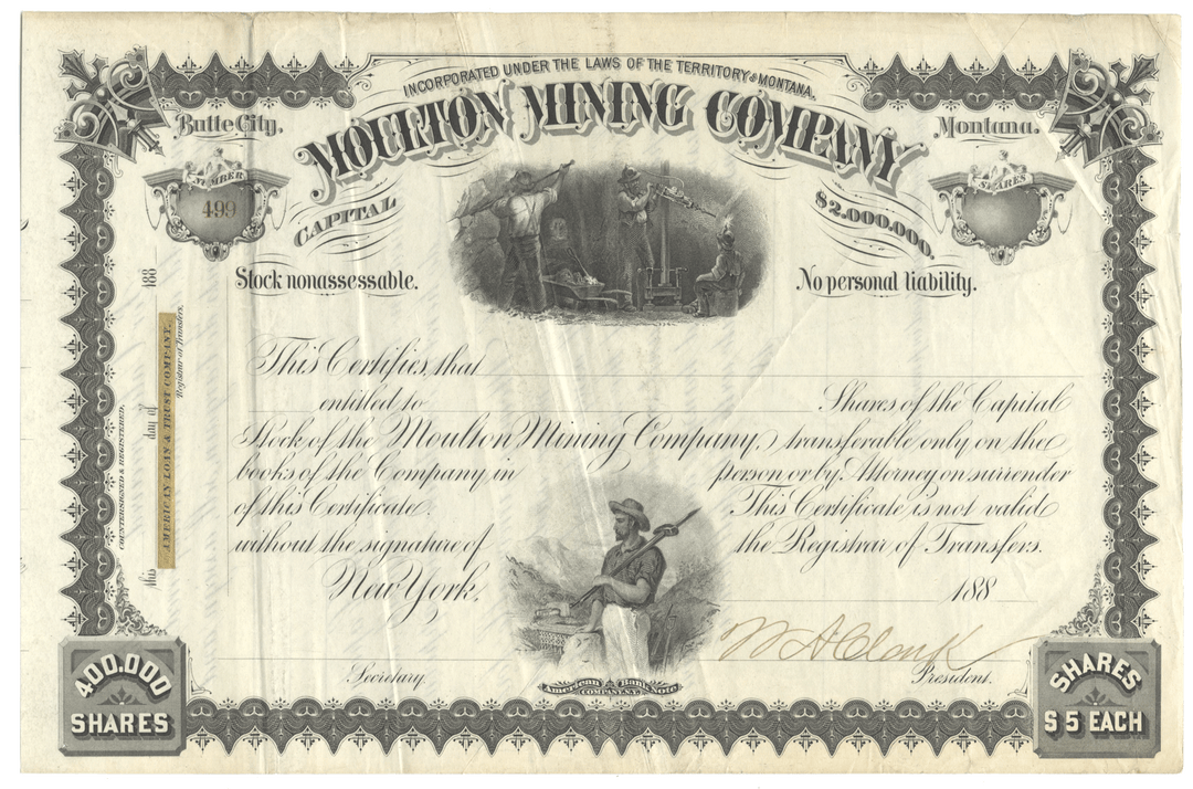 Moulton Mining Company stock certificate Signed by William A. Clark