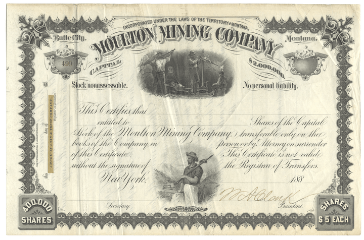 Moulton Mining Company stock certificate Signed by William A. Clark