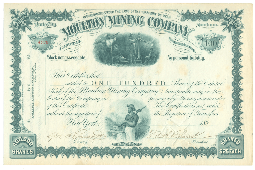 Moulton Mining Company stock certificate Signed by William A. Clark